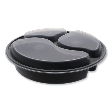 PACTIV EVERGREEN VERSAtainer Microwavable Containers, Round, 3-Comp, 39 oz, 9 x 9 x 2.25, Black/Clear, Plastic, 150PK NC9388B